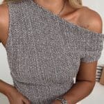 DRAPE DETAIL LOW SHOULDER TEXTURED NAVY BLUE BLOUSE