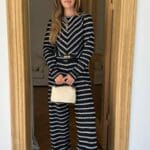 Black-White Checkered Stripe Detailed Trousers Blouse Knitwear Set