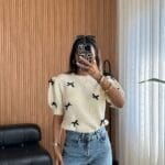 White Bow Balloon Sleeve Knitwear