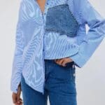 Striped Asymmetrical Detailed Blue and White Women's Shirt
