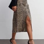 Leopard Pattern Denim Skirt-Brown
