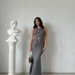 Gray Buttoned Skirted Knitwear Suit
