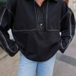 Black Polo Neck SweatShirt with Embroidery Detail