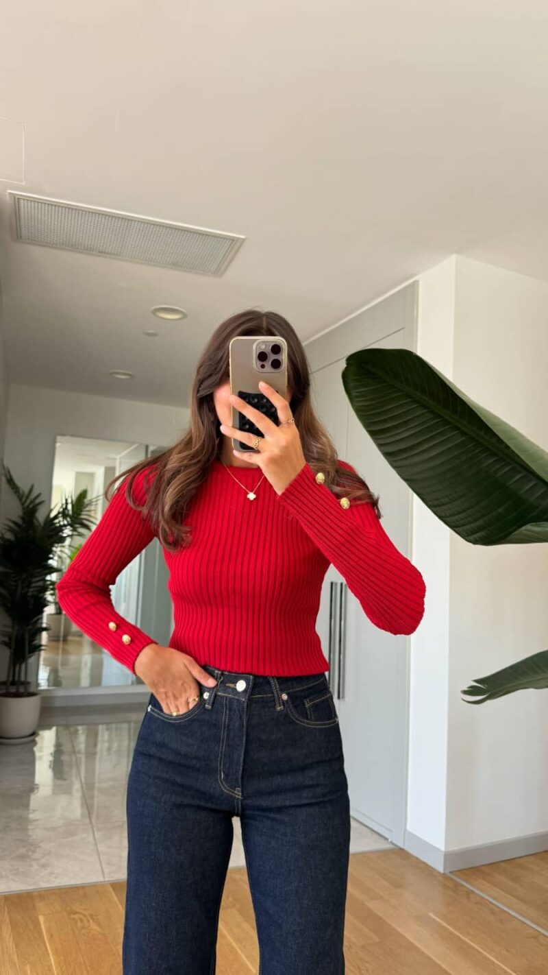 Nomi Buttoned Sleeve Ribbed Sweater Red