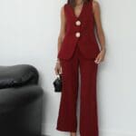 Big Gold Buttons Vest Trousers Suit Red