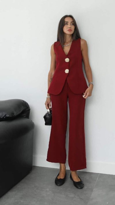 Big Gold Buttons Vest Trousers Suit Red