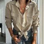 Camel Colored Shirt with Embroidered Shoulders