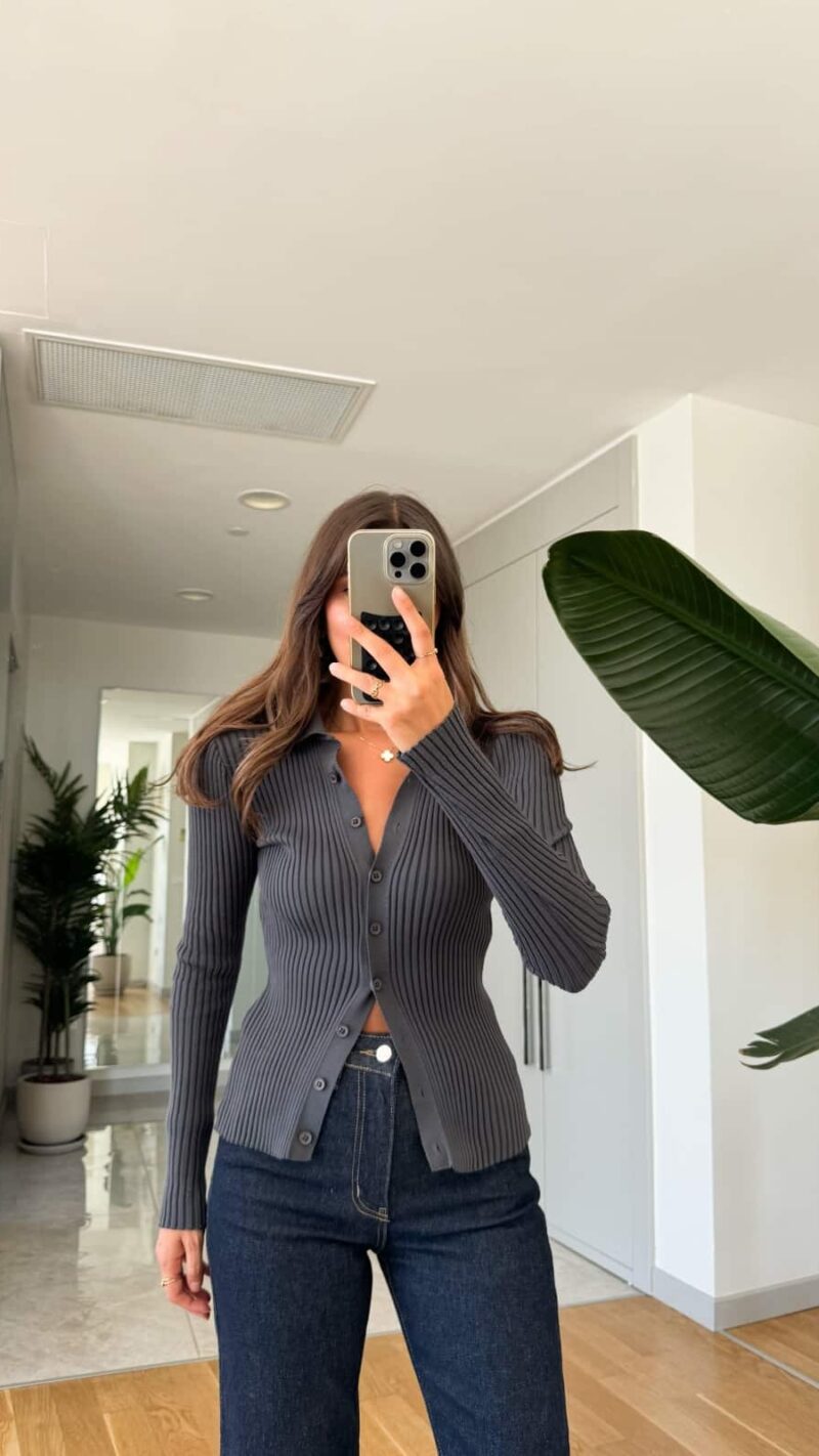 Ribbed Buttoned Sweater Gray