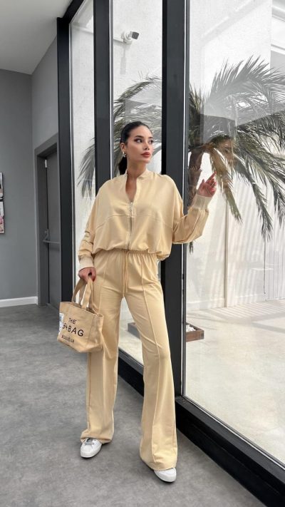 Beige Comfort Fit Tracksuit Set