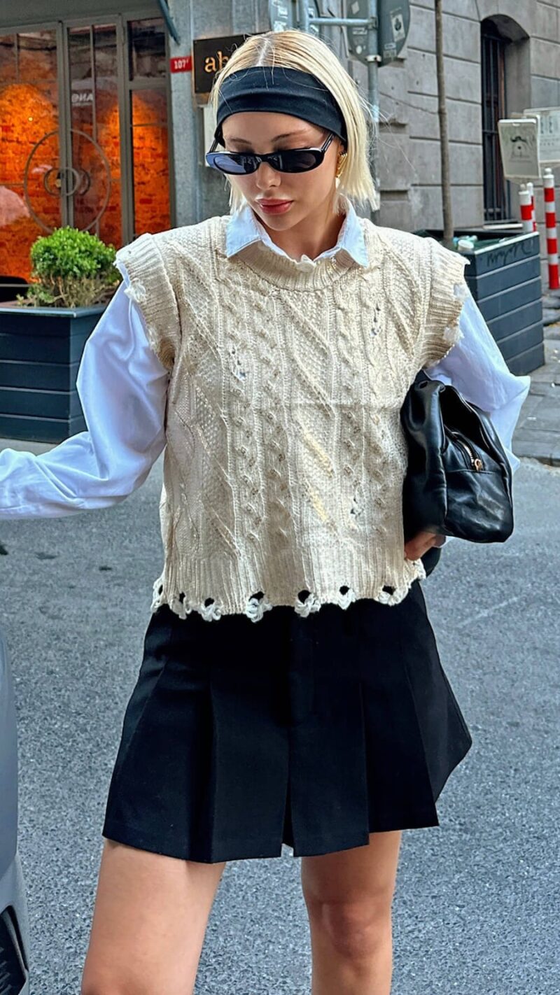 Beige Metallic Knit Ripped Detail Women's Knitwear Sweater
