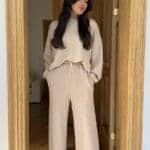 Beige Oversize Long Sleeve Sweat Pants Set