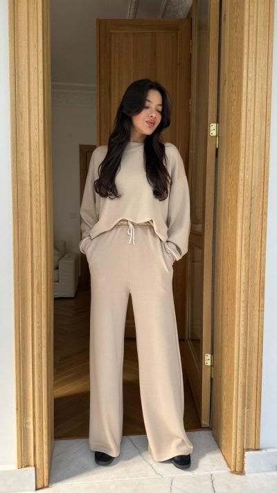 Beige Oversize Long Sleeve Sweat Pants Set