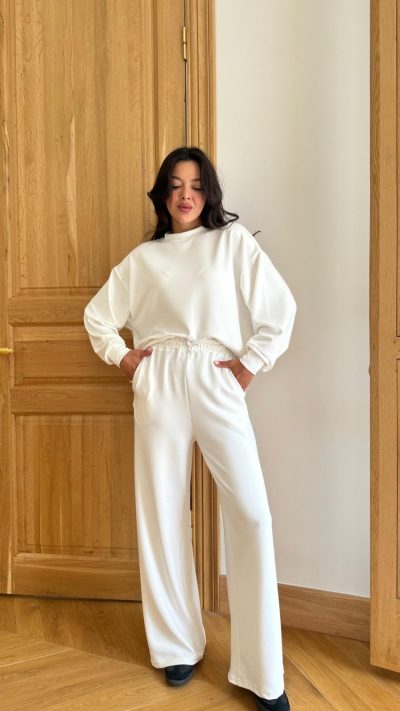White Oversize Long Sleeve Sweat Pants Set
