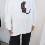 White Leopard Embroidered Oversize Sweater
