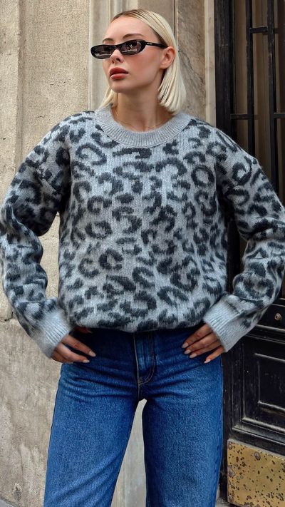Leopard Pattern Crew Neck Women's Knitwear Sweater