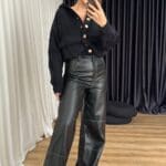 Black Contrast Stitched Leather Trousers