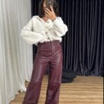 Plum Contrast Stitched Leather Trousers