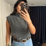 Dark Grey Turtleneck Stoned Sleeveless Sweater
