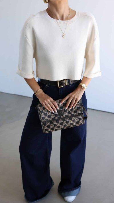 Double Sleeve Crop Sweater White