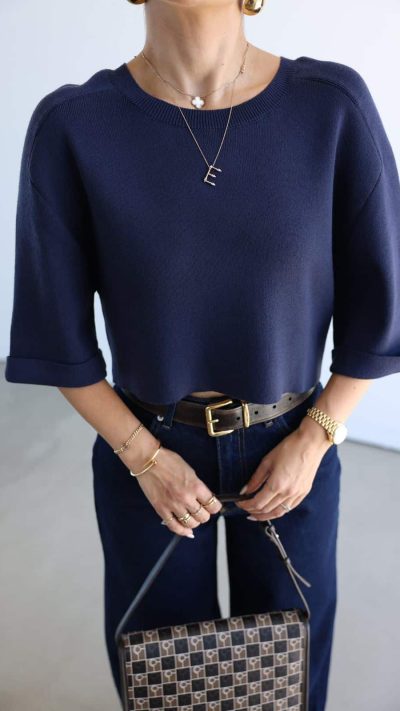 Double Sleeve Crop Sweater Navy
