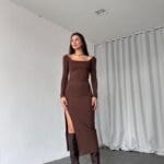Basic Square Neck Dress Brown
