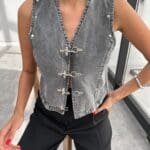 Black Blazer Crop Denim Vest