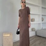 Short Sleeve Knitwear Midi Dress Beige