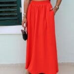 Red Waist Elastic Pocket Skirt