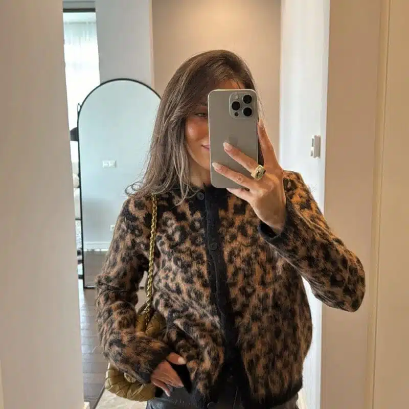 Camel Black Leopard Patterned Cardigan