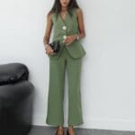 Big Gold Buttons Vest Trousers Suit Green