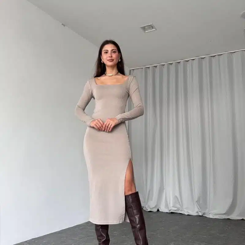 Basic Square Neck Dress Beige