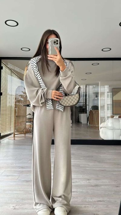 Basic Brand Model Sweat Set Beige