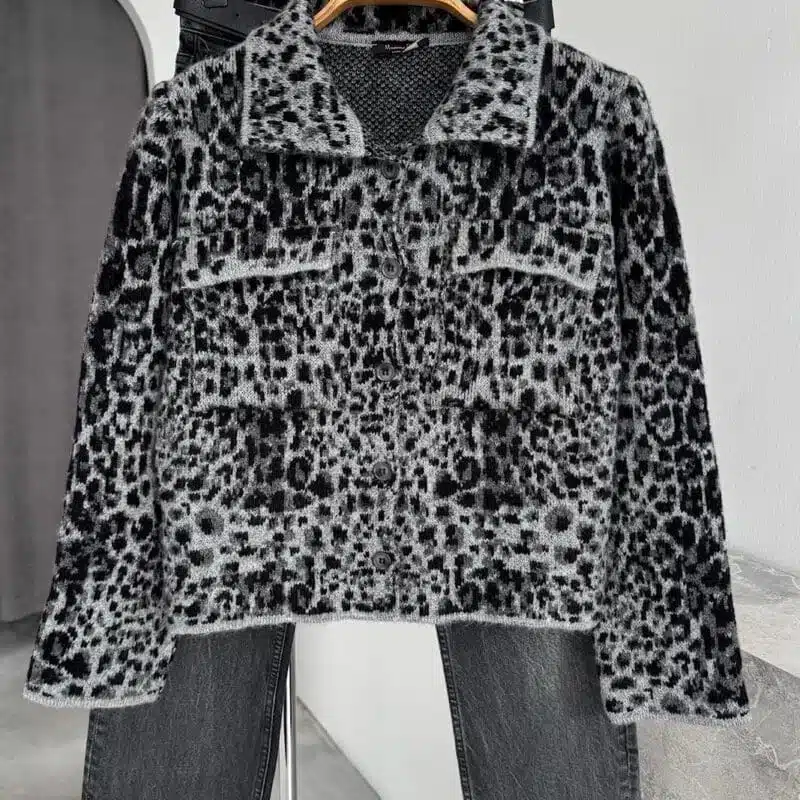 Polo Collar Leopard Pocketed Cardigan Smoked