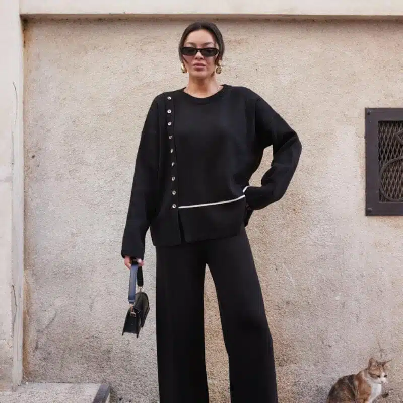 Black Side Button Detailed Knitwear Trousers Set