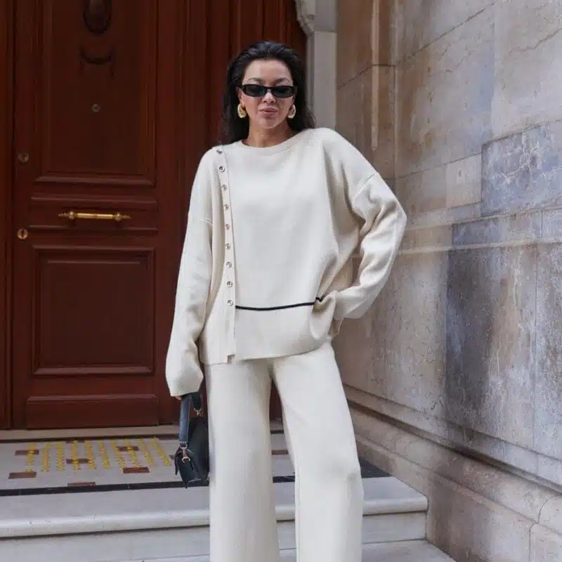 Beige Side Button Detailed Knitwear Trousers Set