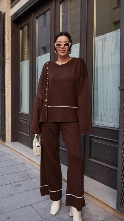 Brown Side Button Detailed Knitwear Trousers Set
