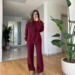 New York Embroidered Chardon Tracksuit Set-Claret Red