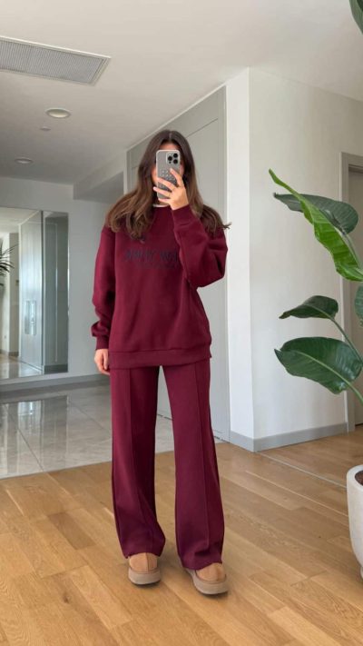 New York Embroidered Chardon Tracksuit Set-Claret Red