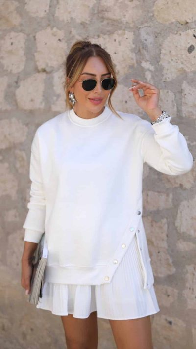 White Snap Detailed Sweater