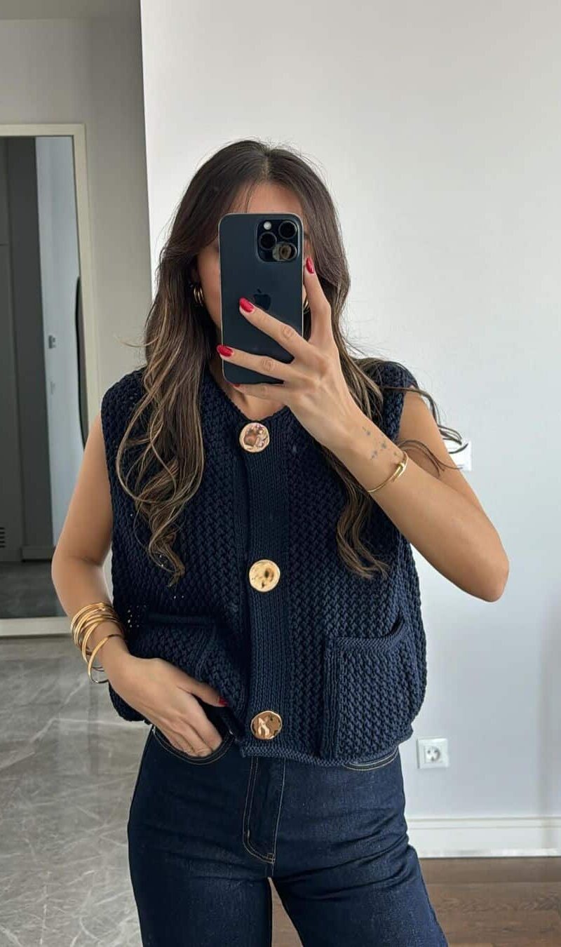 Navy Blue Gold Button Detailed Vest