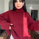 Burgundy Pearl Detailed Half Turtleneck Sweater