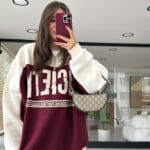 Claret Red Cream Letter Printed Stand Collar Chardon Sweat