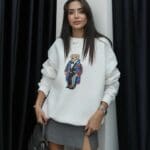 Bowtie Teddy Printed Sweatshirt White