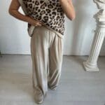 Beige Elastic Waist Velvet Palazzo Trousers