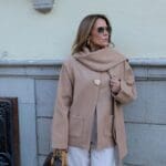 Shawl Detail Stamped Poncho Coat Camel