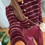Claret Red Feathered Gold Button Striped Cardigan