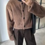 BUTTON DETAILED BROWN FUR JACKET
