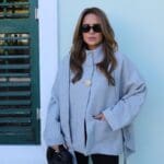 Shawl Detail Stamped Poncho Coat Gray