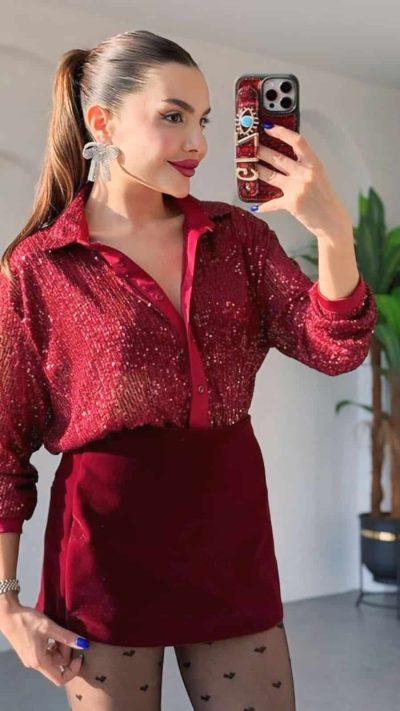 Taniya Claret Red Sparkling Shirt
