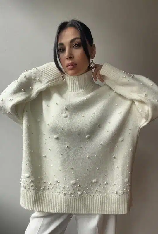 Ecru Pearl Detailed Half Fisherman Knitwear Sweater